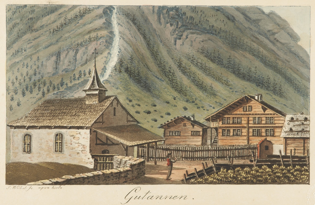 Guttannen; (Guttannen.) Pfarrhaus und Kirche.; Guttannen; Aquatinta, koloriert; Aquatinta, unkoloriert